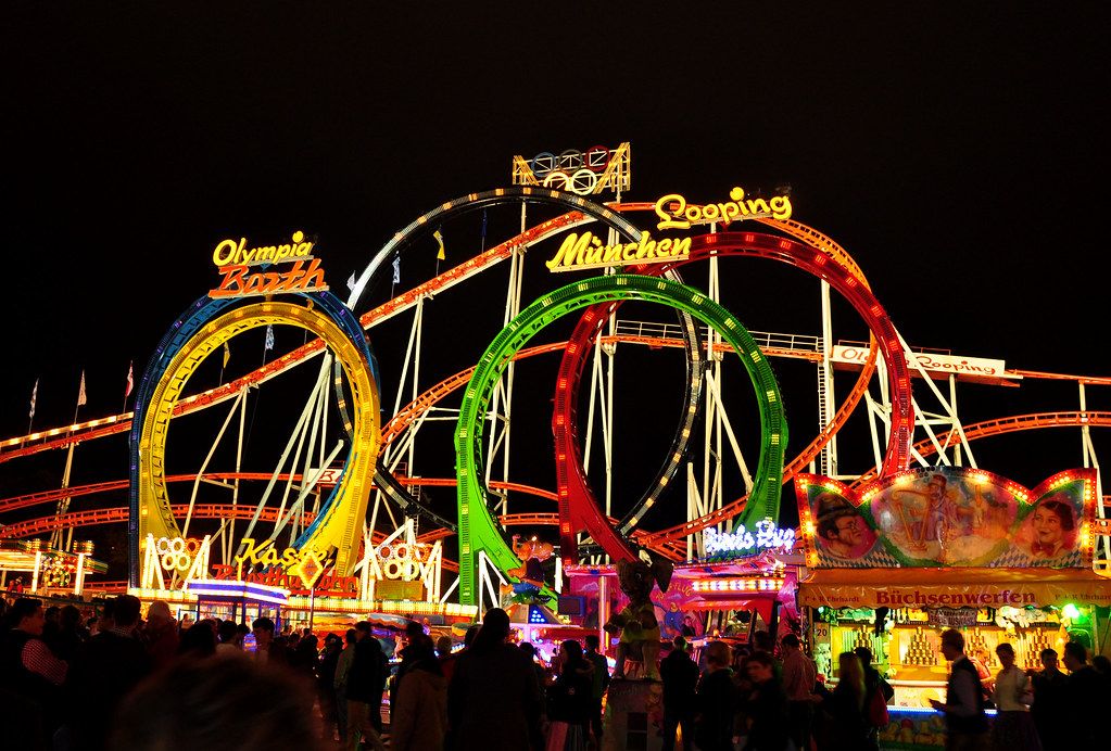 Night image of Olympia Looping at Oktoberfest. Image all five loops that the rollercoaster travels.