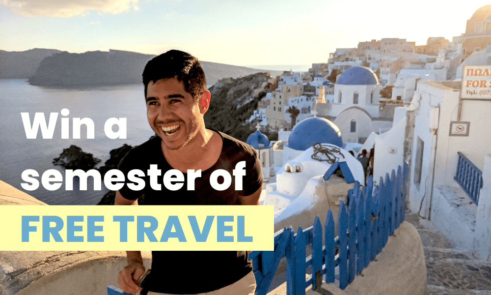 Image of a student smiling with a backdrop of iconic whitewashed homes in Greece with blue roofs. Text overlay reads Win a semester of FREE TRAVEL | Bus2alps