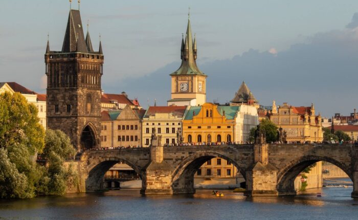 View of the skyline of Prague along the river