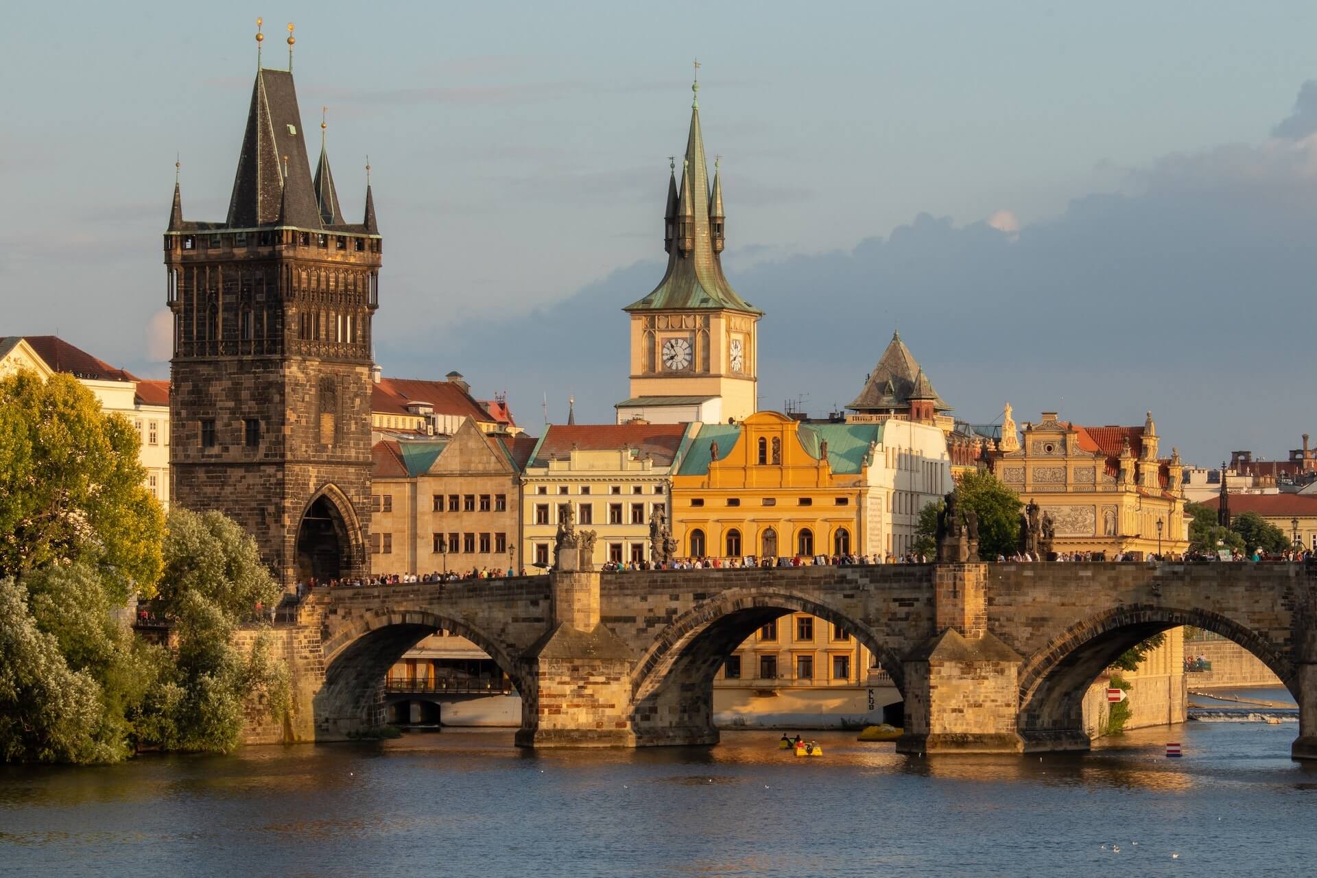 View of the skyline of Prague along the river